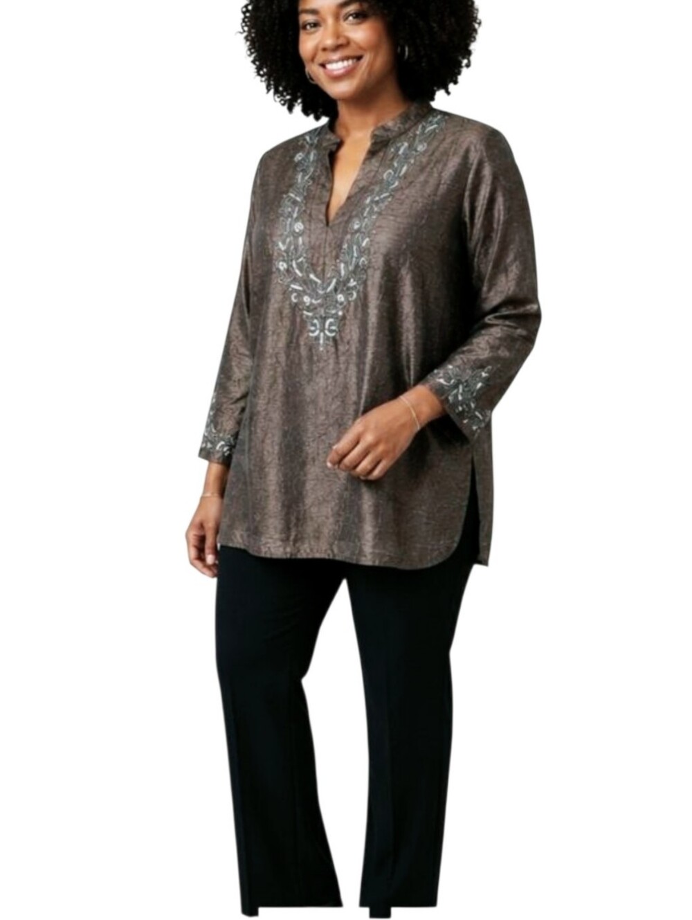 Chico's Ruda Style Metallic Ore Fudge Silk Tunic Top NWT Size 0 (S/4)